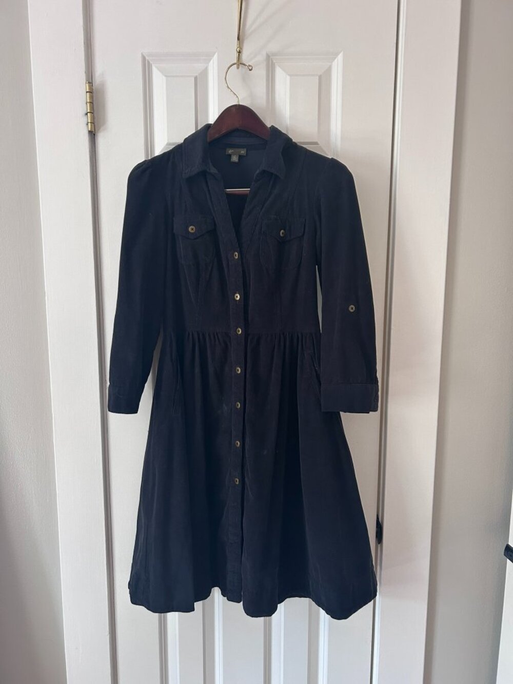 Fei Anthropologie Black Corduroy Shirt Dress Brass Buttons Pockets Size 4